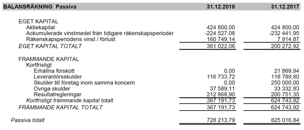 Tilinpaatos 2018 SV BALANSRAKNING Passiva